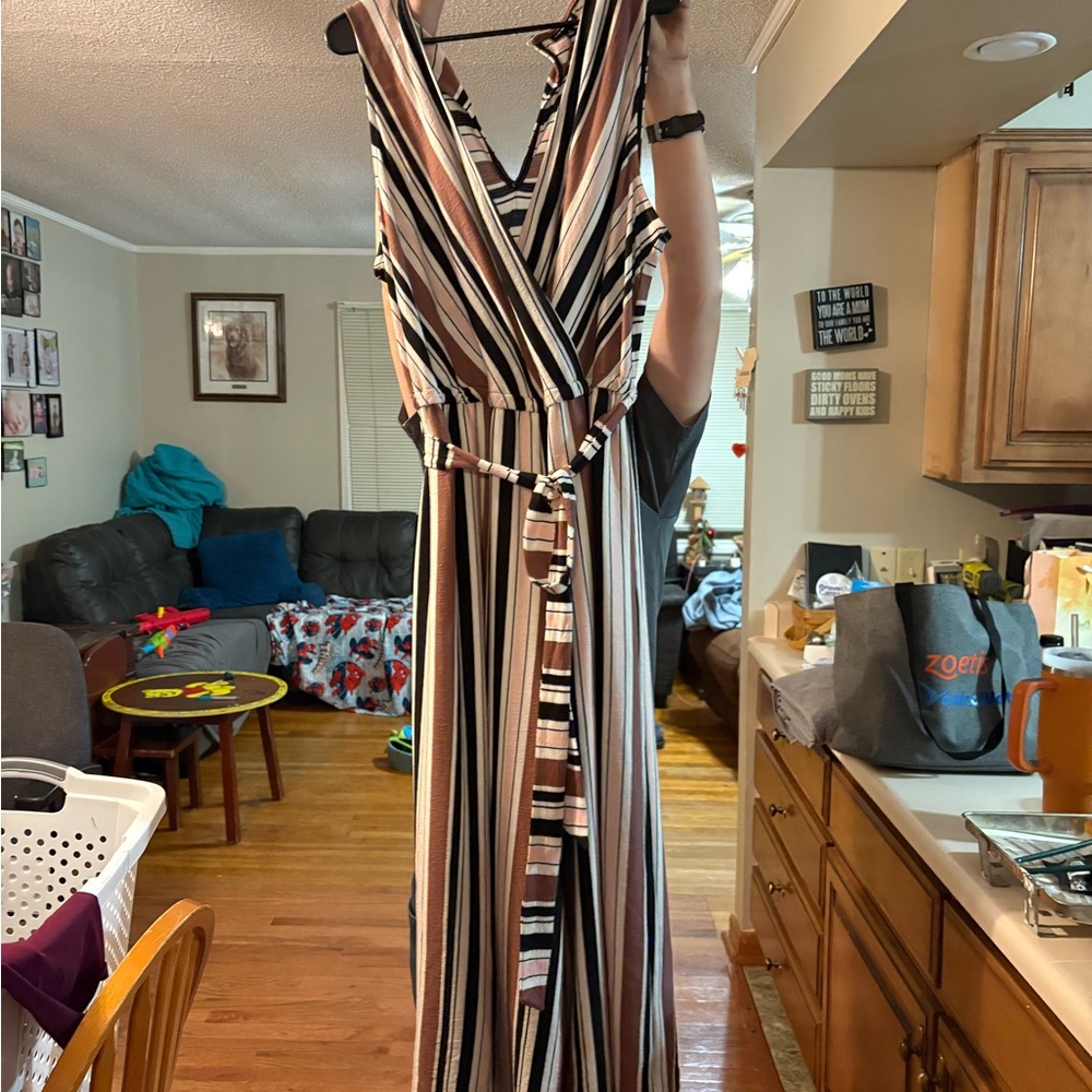 torrid Striped V-Neck Wrap Jumpsuit in Brown, Cream & Black